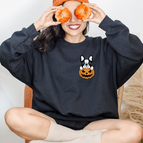 Frenchie Jack O' Lantern Pocket Black Sweatshirt - Picture 2 of 6